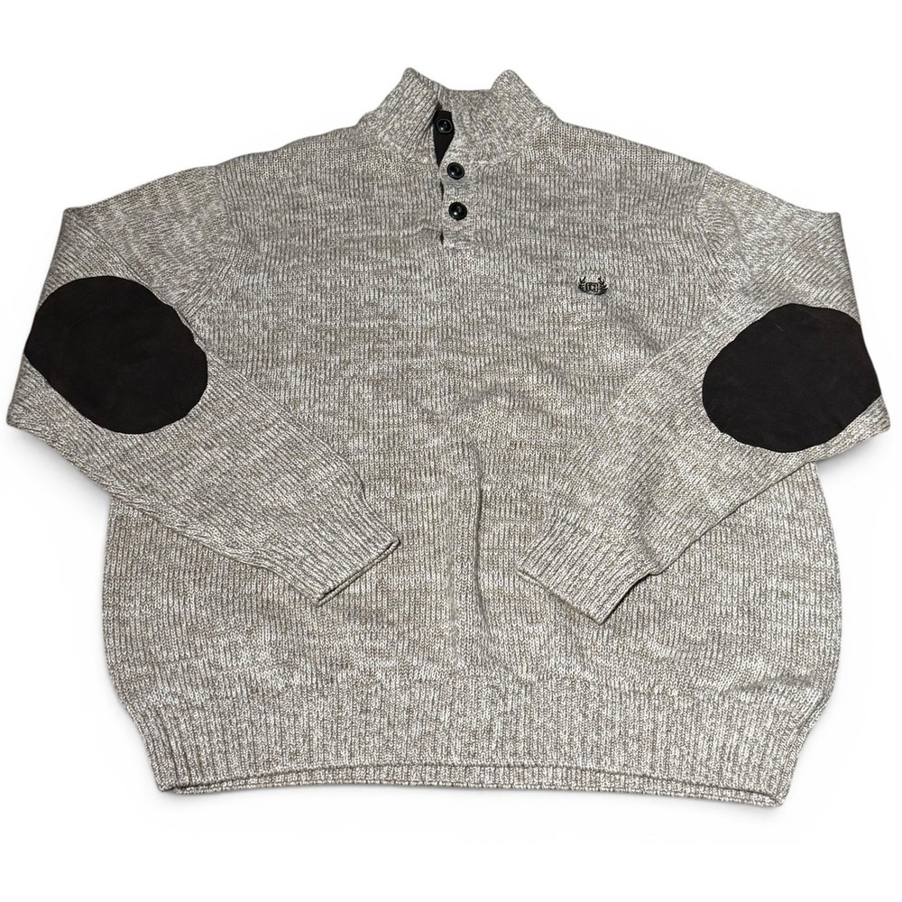 Chaps‎ Men's XL 100% Cotton Mock Neck Sweater Tan Cream Brown Suede Elbow Patch